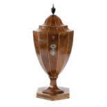 A GEORGE III MAHOGANY CUTLERY URN C.1790-1800 of faceted form, inlaid with feather, barber's pole