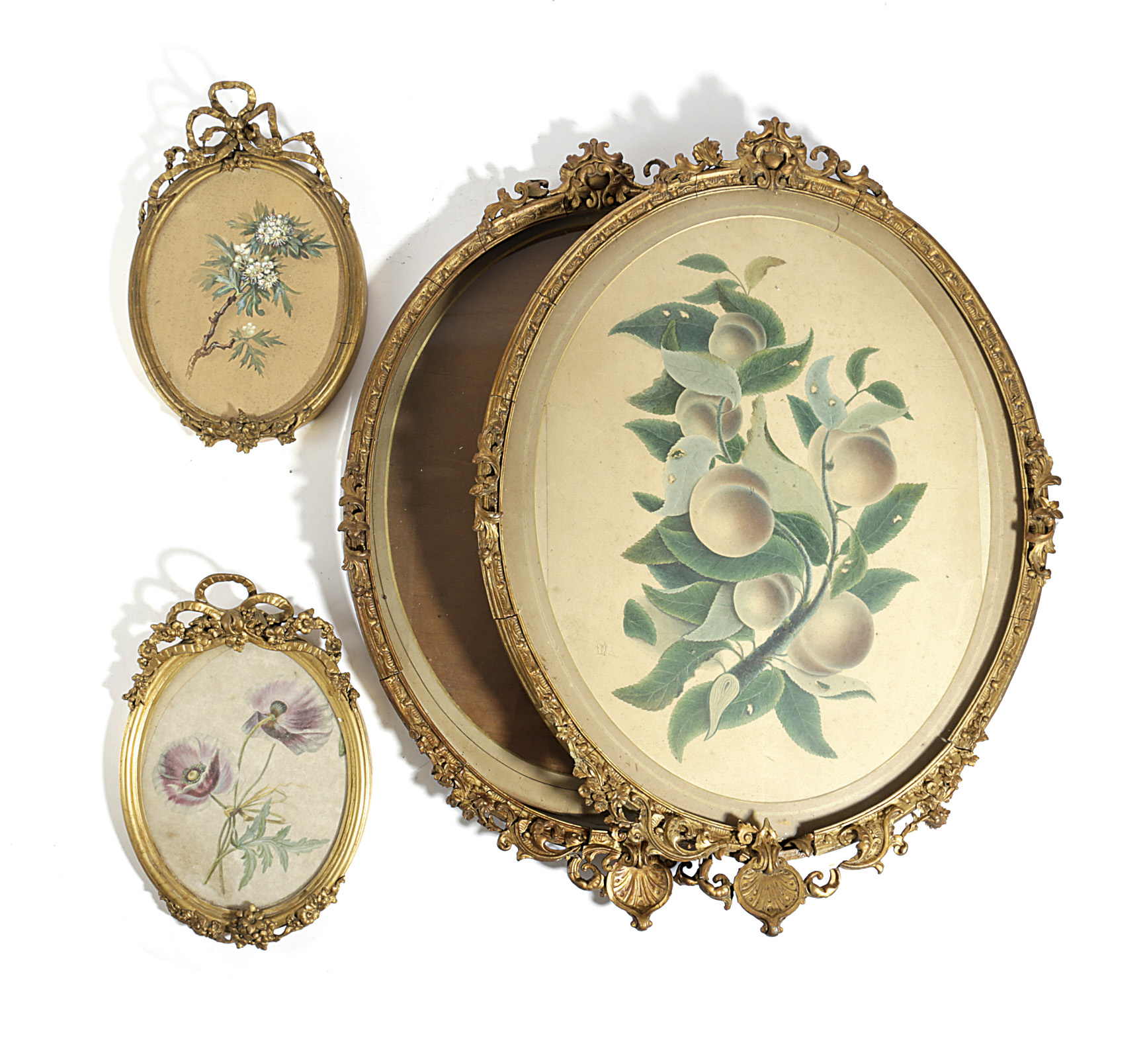 A PAIR OF VICTORIAN GILTWOOD AND COMPOSITION FRAMES C.1860-70 containing watercolours of fruit,