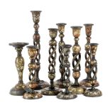 A SMALL COLLECTION OF KASHMIRI LACQUERED PAPIER-MACHE CANDLESTICKS LATE 19TH / EARLY 20TH CENTURY