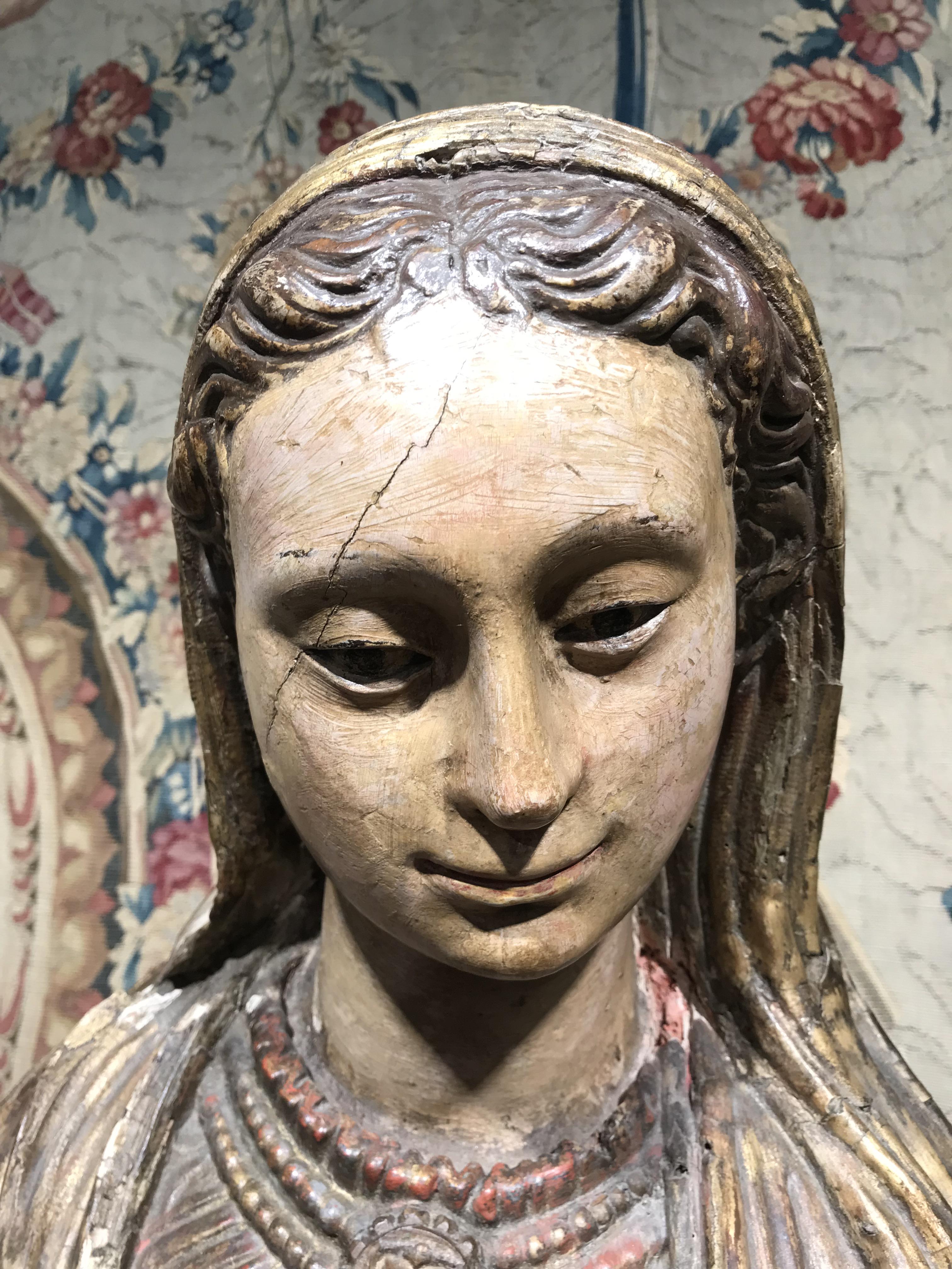 A FRENCH GILTWOOD AND POLYCHROME FIGURE OF THE VIRGIN MARY 16TH / 17TH CENTURY AND LATER mounted - Image 10 of 17