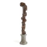 A FOLK ART BLACKTHORN ROOTWOOD WALKING CANE FRAGMENT LATE 19TH CENTURY the gnarly protrusions carved