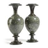 A PAIR OF VICTORIAN CORNISH TURNED SERPENTINE VASES C.1880 each with a pear shaped body (2) 31.8cm