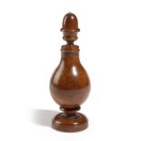 A TREEN BURR BOXWOOD SPICE FLASK LATE 18TH CENTURY in four sections, with an acorn finial and bone