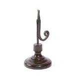 A SMALL TREEN AND WROUGHT IRON TABLE RUSHNIP with a scroll handle and on a turned mahogany base 17.