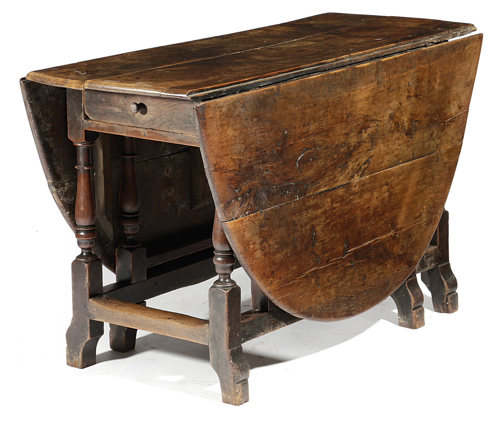 A WILLIAM AND MARY YEW GATELEG DINING TABLE LATE 17TH / EARLY 18TH CENTURY the oval drop-leaf top on - Image 2 of 25