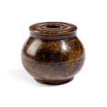 A TREEN 'MULBERRY' STAINED MAPLE POT PROBABLY LATE 18TH / EARLY 19TH CENTURY the pierced lid above a