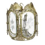 A GILT BRASS HALL LANTERN LATE 19TH CENTURY with four bevelled and etched glass panels and with