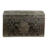 A CHARLES II BRASS STUDDED GREEN LEATHER TRUNK POSSIBLY BY RICHARD PIGG, DATED '1660' the lid