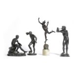 FOUR ITALIAN BRONZE GRAND TOUR FIGURES 19TH CENTURY comprising: Mercury seated at rest, a satyr with