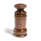 A SWEDISH TREEN BIRCH SPICE GRINDER EARLY 19TH CENTURY in three parts, with a turned pestle