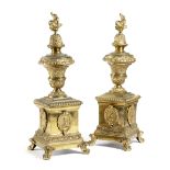 A PAIR OF DUTCH GILT BRONZE ANDIRONS LATE 18TH / EARLY 19TH CENTURY each of classical form, with