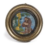 A FRENCH GILT AND POLYCHROME PAINTED PEWTER FOIL RONDEL IN THE MANNER OF THOMAS COMPIGNE, LATE