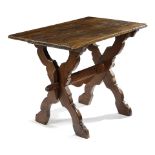 A SPANISH WALNUT AND PINE TAVERN TABLE 18TH CENTURY AND LATER with an 'X' frame base united by a