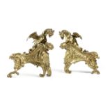 A PAIR OF FRENCH ORMOLU CHENETS IN REGENCE STYLE 19TH CENTURY each in the form of a dragon perched