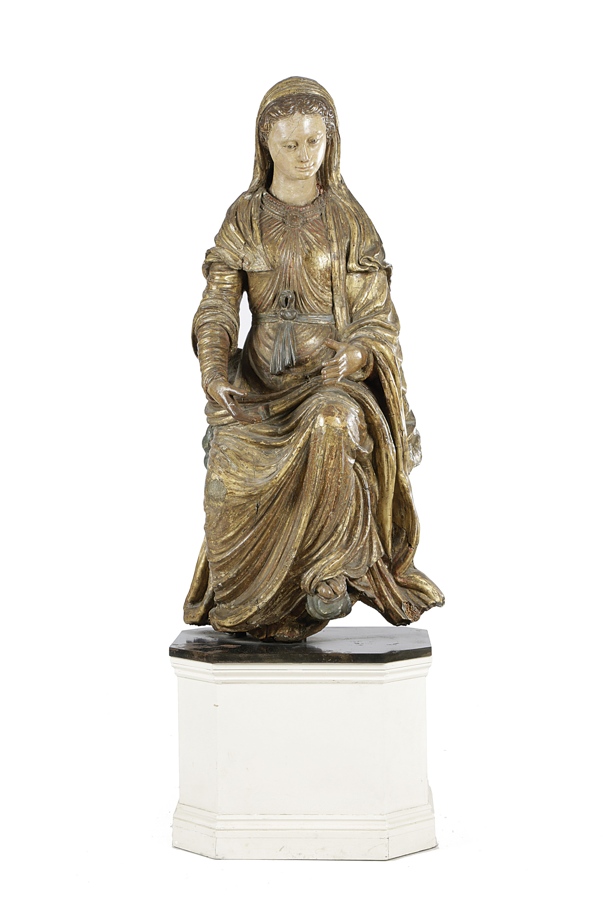 A FRENCH GILTWOOD AND POLYCHROME FIGURE OF THE VIRGIN MARY 16TH / 17TH CENTURY AND LATER mounted - Image 2 of 17