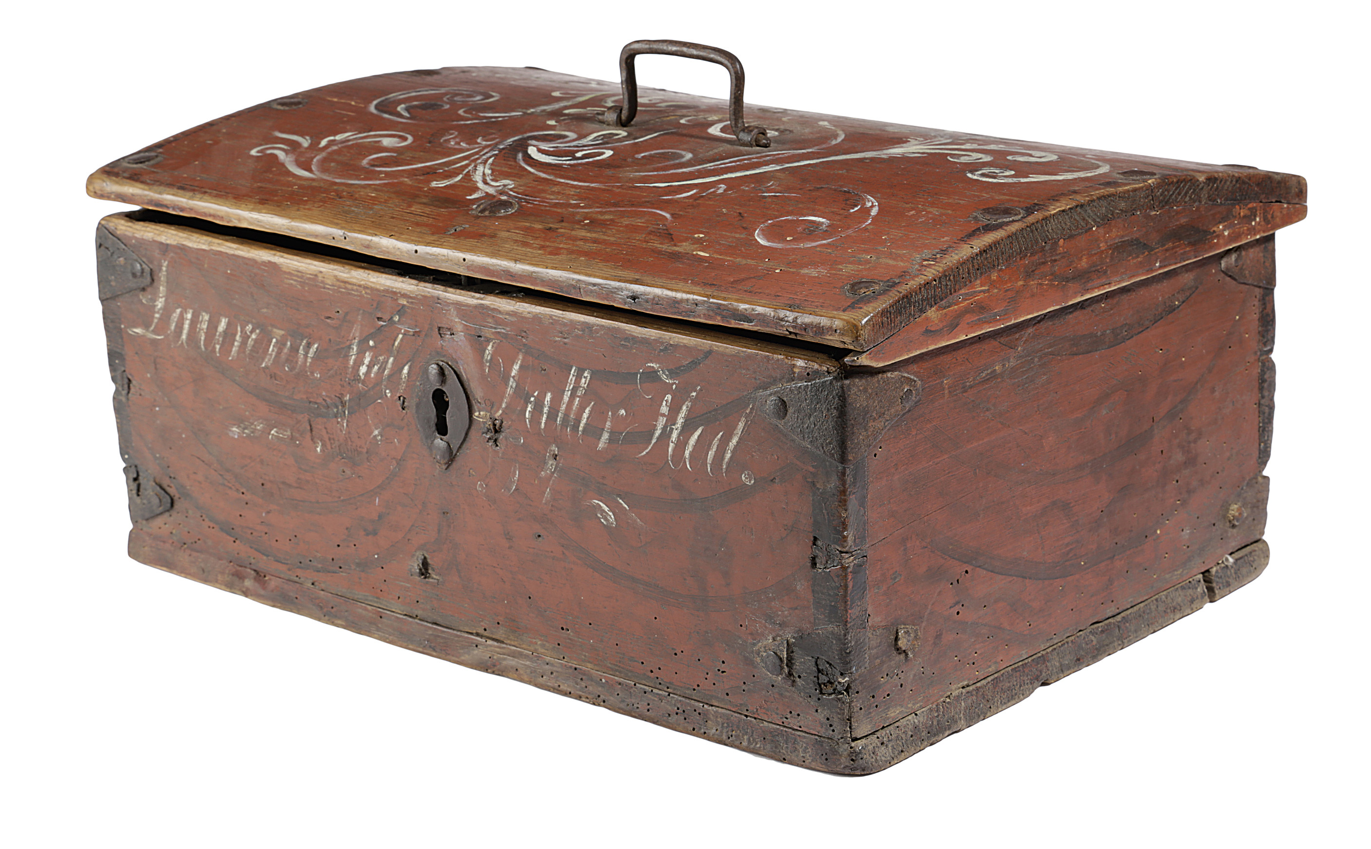 A SCANDINAVIAN FOLK ART PAINTED PINE BOX MID-19TH CENTURY decorated with scrolling leaves, the front