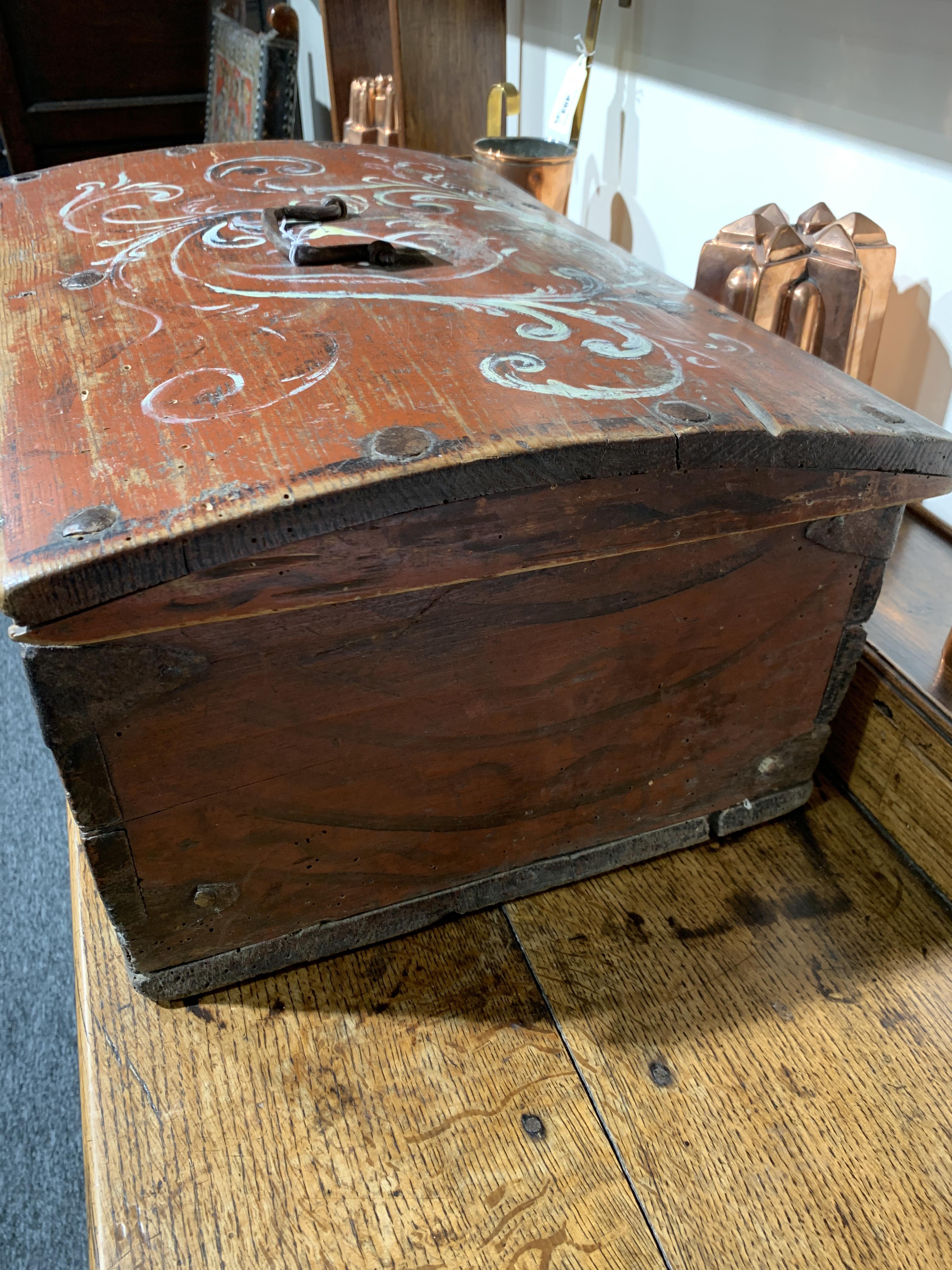 A SCANDINAVIAN FOLK ART PAINTED PINE BOX MID-19TH CENTURY decorated with scrolling leaves, the front - Image 9 of 13