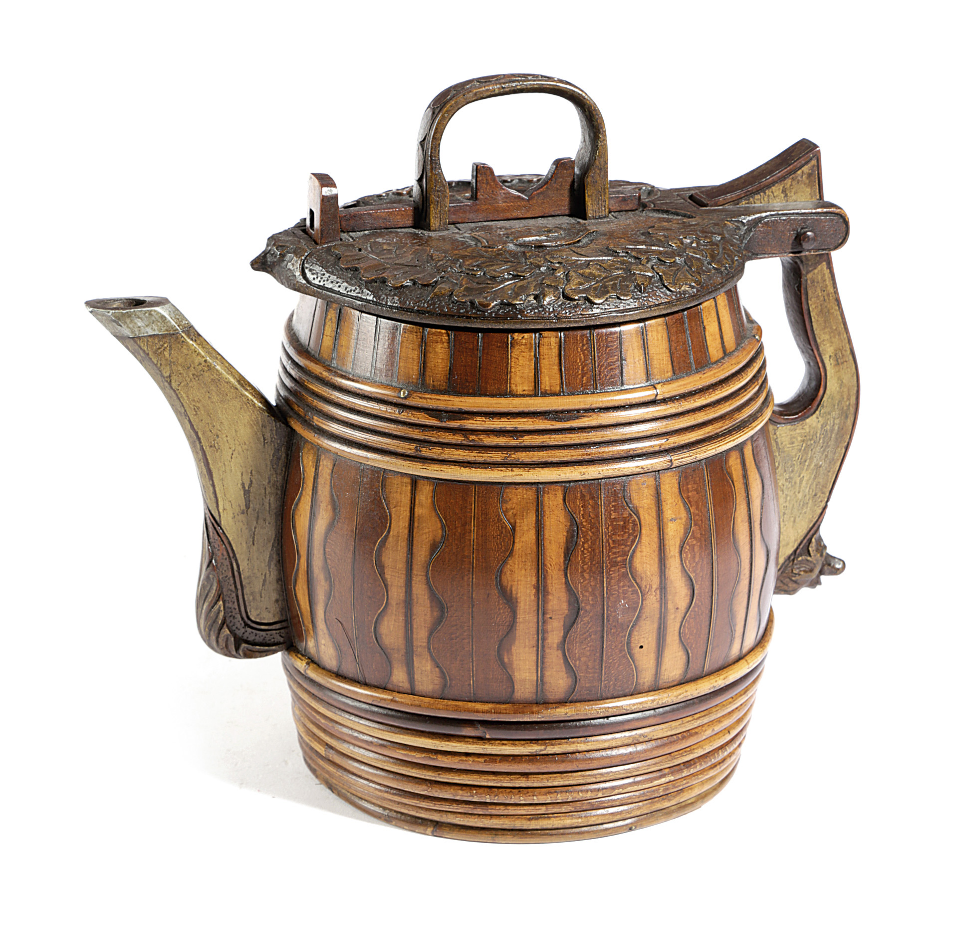 AN AUSTRO-HUNGARIAN TREEN BEER SERVING JUG C.1880 of staved construction, with bent wood reeded