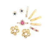 A quantity of jewellery items, including four gold wedding bands, a ruby and diamond-set gold half-