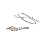 Two white gold brooches, one set with a cultured pearl and both set with circular-cut diamonds, 5-