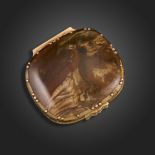 A George III hardstone gold vinaigrette, cushion-shaped with hinged gold foliate pierced grille,