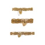 Three 9ct gold fancy gate-link bracelets, each with a 9ct gold padlock clasp, 89g