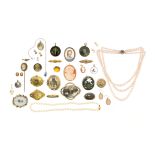 A collection of jewellery, including; fifteen assorted brooches; nine pendants; a stick pin; two