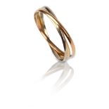 A three-colour gold Russian trinity bangle, formed with three gold hoops, 28g