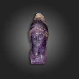 An 18th century carved hardstone bust, possibly depicting Achilles or Minerva in amethyst, 3cm high