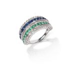 A gem-set five-row half-hoop ring, set with alternating rows of calibré-cut emerald and sapphires