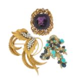 A gold abstract design brooch, set with diamonds, marquise and pear-shaped sapphires and turquoise