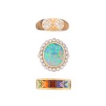 Three gem-set rings, a boulder opal and diamond cluster ring, set in gold, size L; a multi-