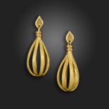 A pair of gold drop earrings by Tanya Ashken, c.1957, the bird-cage design drops set in textured