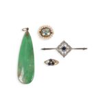 A small quantity of jewellery, including a jade drop pendant, a sapphire and diamond-set gold