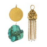 A turquoise matrix pendant, a cultured pearl gold tassel pendant and a 4 Ducat-mounted gold pendant