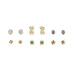 Five pairs of gold earrings, including a pair of opal and diamond cluster earrings, two pairs of