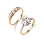 Two diamond rings, one diamond five-stone gold ring, size P, and a diamond flowerhead gold cluster