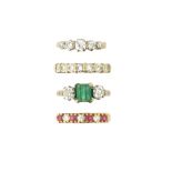 Four gem-set rings, including a diamond five-stone gold ring, a ruby and diamond-set seven-stone