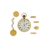 An 18ct gold open-faced pocket watch; two 18ct gold rings; two 22ct gold rings; a guinea pendant