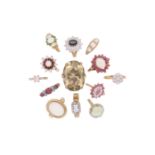 13 gem-set gold rings, including an opal and ruby half hoop ring, a diamond cluster ring, an opal