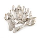 A collection of antique silver flatware with inscriptions, various patterns, dates and makers,