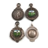 A collection of four silver cricket fobs, various dates and makers, comprising two with enamel