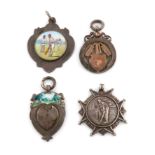 A collection of four silver cricket fobs, various dates and makers, comprising two with enamel