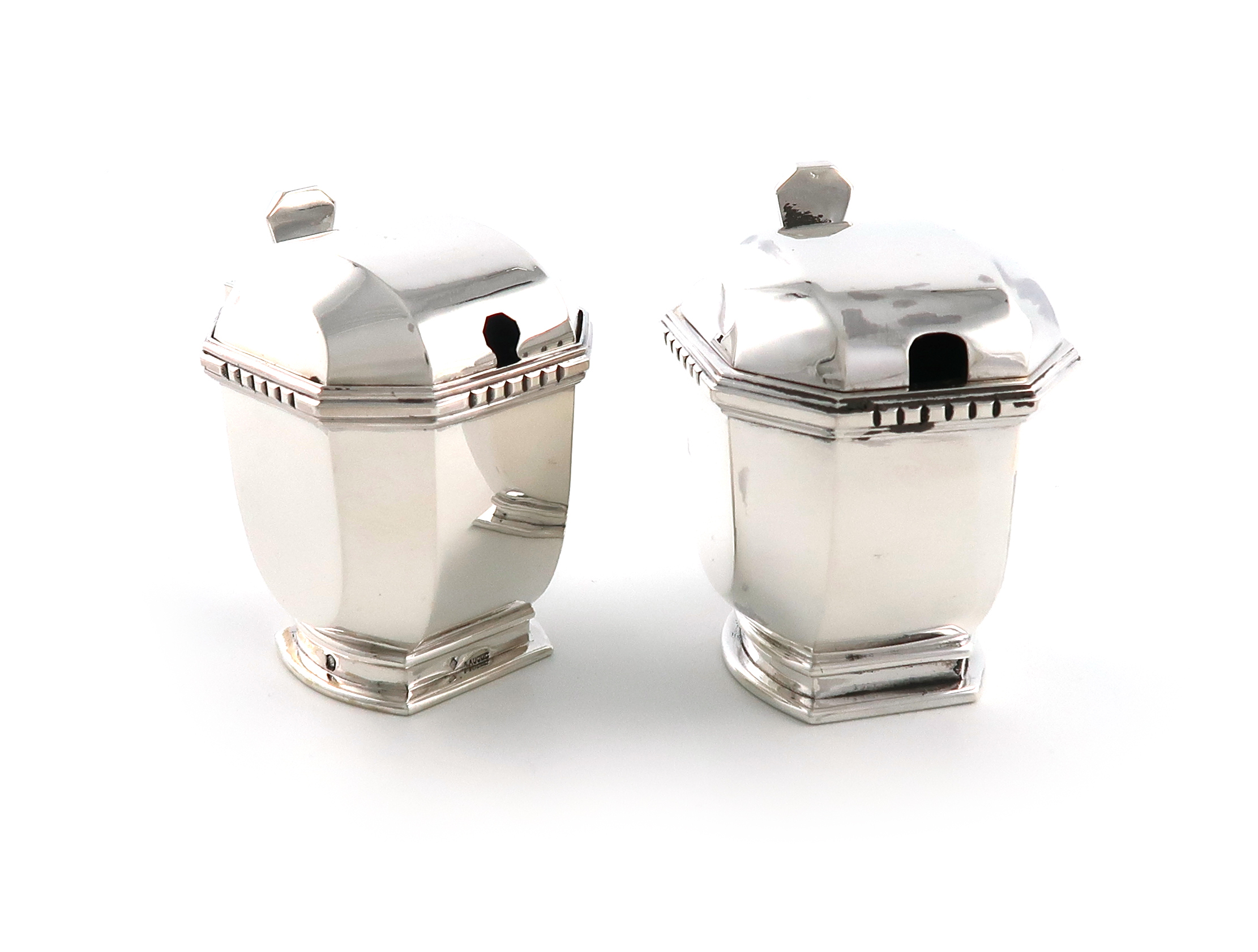 Two French silver Art Deco mustard pots, by A. Aucoc, Paris, upright rectangular panelled form,