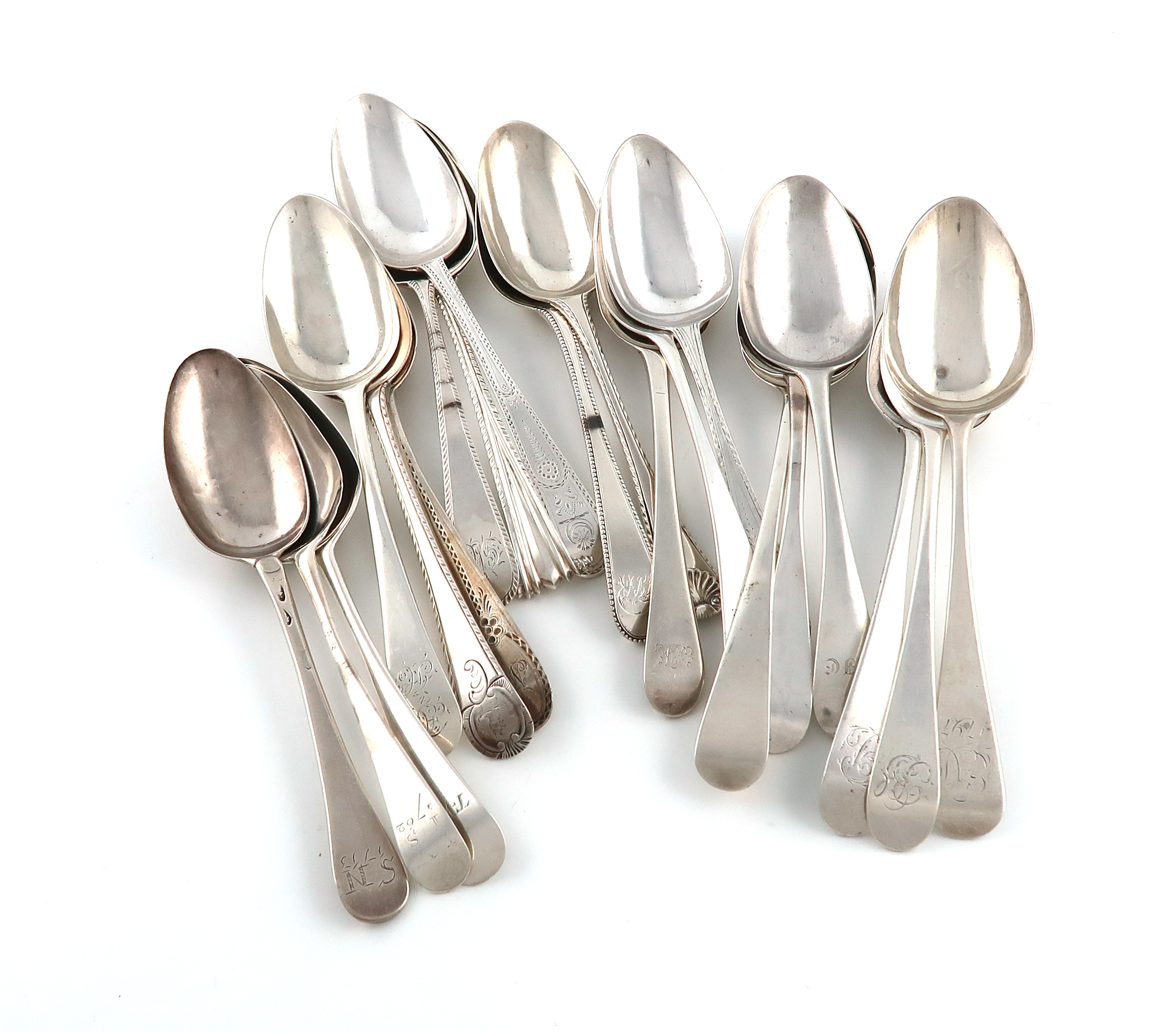 A collection of twenty antique silver tablespoons, various patterns, dates and makers, the