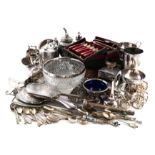 λA mixed lot, comprising silver items: a silver-mounted glass bowl, seven napkin rings, a small