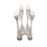 Two pairs of George III and William IV Regimental silver Fiddle, Thread and Shell Table forks, The