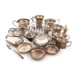 A mixed lot of silver items, various dates and makers, comprising: a hip flask, a mug, a cream jug