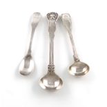 A small collection of three Regimental silver salt spoons, including: a George IV spoon, London