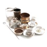 A mixed lot of silver items, various dates and makers, comprising: a silver-mounted glass inkwell,